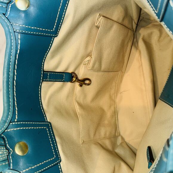 Vintage Coach Bleecker Natural Straw Tote Bag Teal Leather Boho Chic 15x13" Y2K - Picture 7 of 11